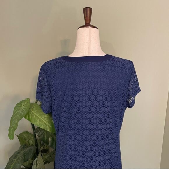 Isaac Mizrahi Live Lace Overlay Shift Dress Navy Blue Short Sleeve Women’s sz M - Picture 7 of 11